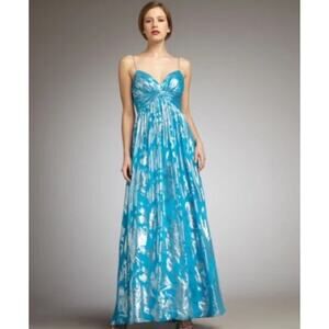 AIDAN MATTOX new ice aqua blue silver metallic 100% silk strapless gown dress
